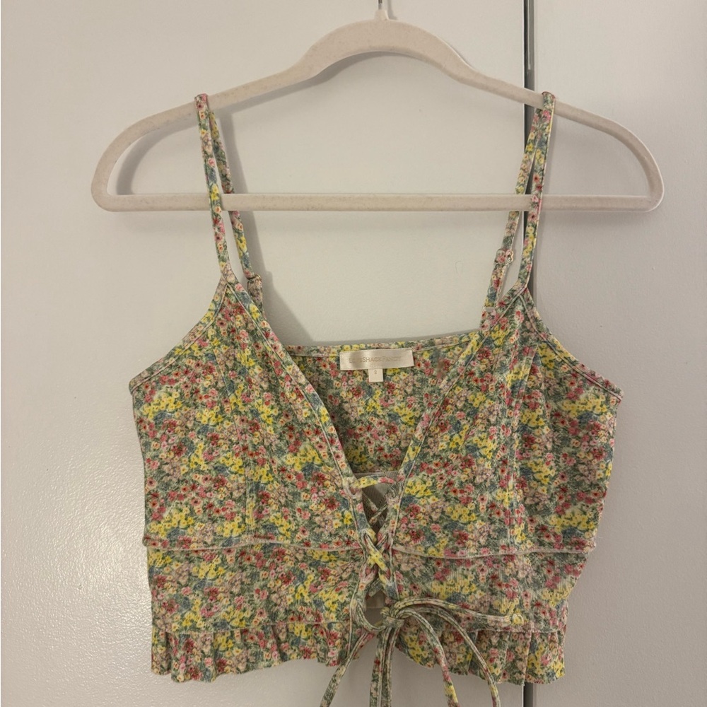 LoveShackFancy Multicolor Floral Lace-Up Crop Top